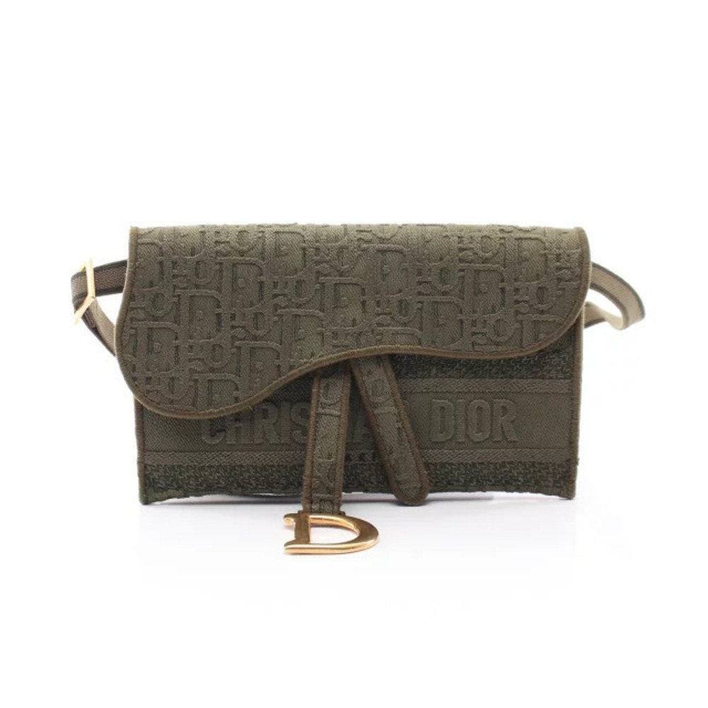 Christian Dior Oblique Saddle Slim Pouch Waist Bag Body Leather Khaki Green